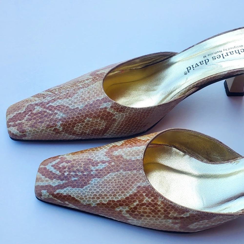 Charles David Kitten Heel Mules 8.5 Champagne Gold Snakeskin Never Worn Vintage!